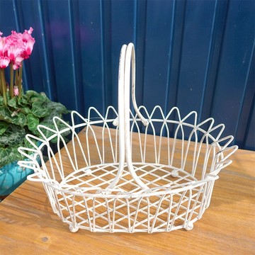 獨家鐵藝花瓣手提籃復古做舊防銹處理白色花邊橢圓野餐籃蔬菜收納