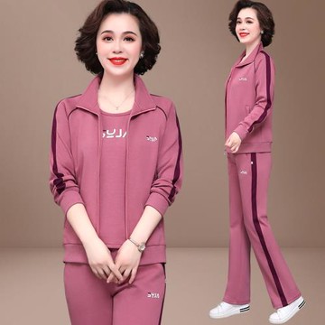 中年媽媽秋裝外套洋氣中老年闊腿褲運動套裝女春秋三件套老人衣服
