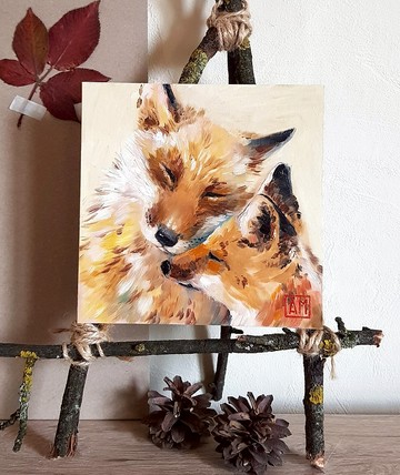 原始可愛的狐狸家族藝術品手繪油畫在紙板上