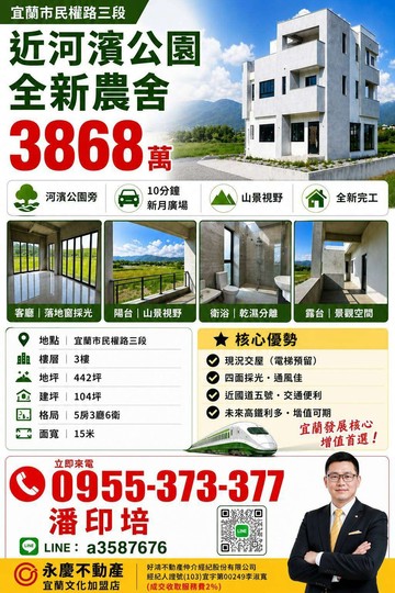 潘大帥~~宜市河濱公園新月廣場全新豪華大農舍｜宜蘭縣宜蘭市民權路三段