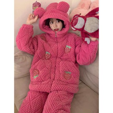 三層夾棉睡衣女款冬季天加厚加絨珊瑚絨法蘭絨連帽可愛保暖家居服