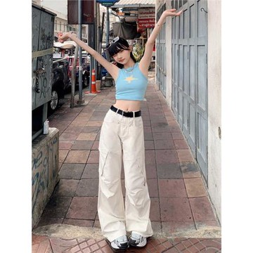 九月美式寬松闊腿工裝褲女百搭顯瘦復古街頭辣妹白色休閑拖地褲子