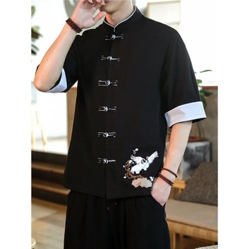 中國風短袖盤扣立領仙鶴刺繡襯衫