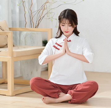 春夏裝大碼復古茶道禪服太極居士 修服打坐服瑜伽服棉麻套裝1入