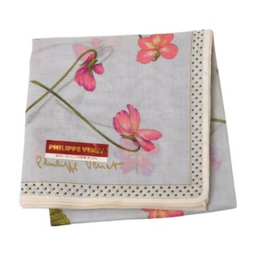 PHILIPPE VENET 日本製100%棉灰底點飾粉花手帕(灰系/42CM)