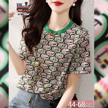 螺紋圓領卡通雙車印花撞色上衣 M-2XL【241608X】【現+預】-流行前線-