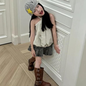 Mini baby🌷女童夏季兒童韓版條紋掛脖花苞無袖女寶寶牛仔百褶裙