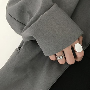 【ANSS】925純銀ins寬面橢圓拉絲面開口戒指女 圓珠英文食指環