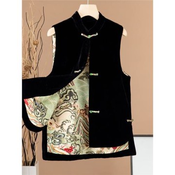 靜雅閣中式國風絲絨馬甲2024春秋季新款立領盤扣百搭外搭開叉背心