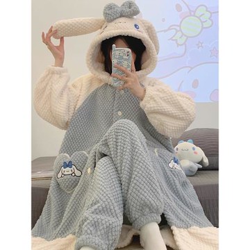 2025新款睡袍秋冬季玉桂狗珊瑚絨睡衣女長浴袍加絨加厚套裝家居服