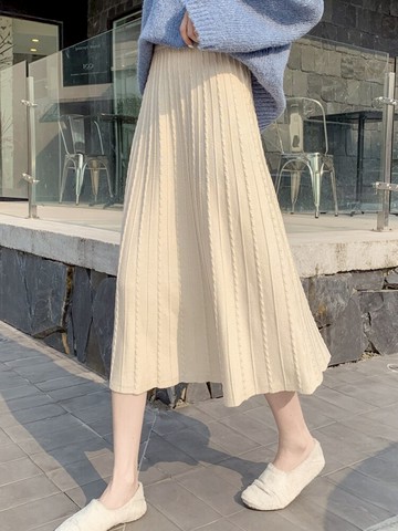 針織半身裙女百褶傘裙中長款秋冬高腰A字遮胯裙子顯瘦冬天配毛衣1入