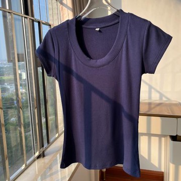 2023韓版休閑簡約百搭顯瘦純色U領短袖T恤女辣妹彈力修身通勤上衣