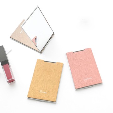 鋁製 立鏡【縮小褶皺皮革 刻字】真皮 隨身鏡 口袋鏡 手鏡 皮革 禮物 HR80U