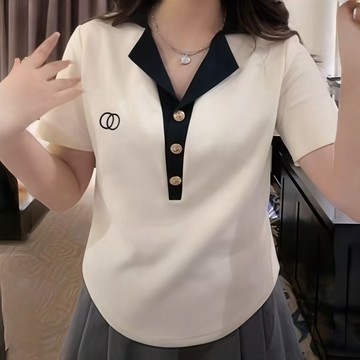 【🍒櫻桃大尺碼】M-5XL 大尺碼女裝辣妹純欲POLO領短袖T恤夏季胖妹妹顯瘦撞色上衣ins潮C1517