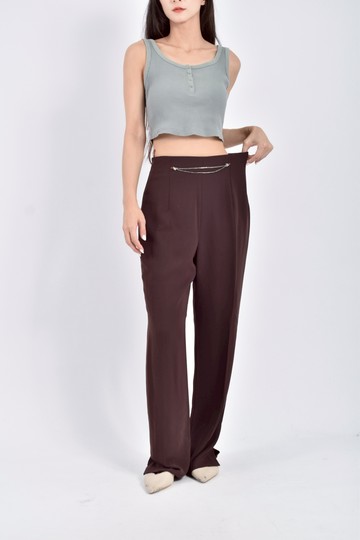 (M) zona zona高腰飾品鏈條棕色長褲