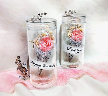 珠光粉紅 甜筒緞帶小花束 (客製化、永生花、婚禮小物)