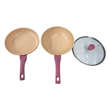 Queen Chef CREAM 韓國厚釜鑄造米陶瓷不沾鍋  炒鍋 + 平底鍋 + 蓋  粉色  1組