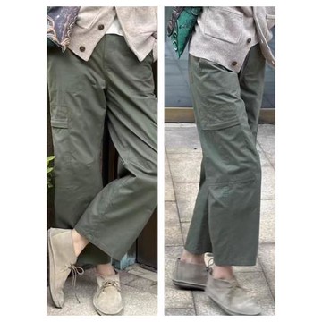 新款早秋綠色美式高腰工裝休閑褲純棉九分直筒褲寬松顯瘦闊腿褲女