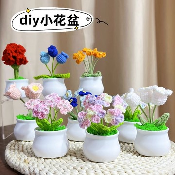 鉤針材料包 diy 編織花 針織花 手工編織 迷你盆栽花 康乃馨 玫瑰花 毛線花 鉤針花 毛線材料包