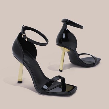 2025年夏季新款黑色漆皮一字帶方頭高跟鞋女細跟涼鞋百搭金跟露趾