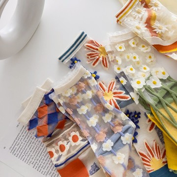 2雙裝 夏季復古彩色花朵卡絲中筒襪