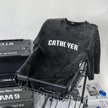 美式復古t恤男夏季薄款五分袖上衣水洗做舊短袖體恤男士半袖衣服