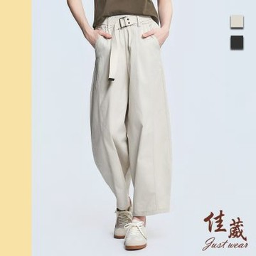 【佳葳Justwear】休閒百搭彎刀褲-2色-附腰帶（女下身-女下著-長褲-彈性褲頭-百搭-口袋）