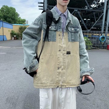 秋季新款拼接牛仔外套男原宿潮流版復古松休工克