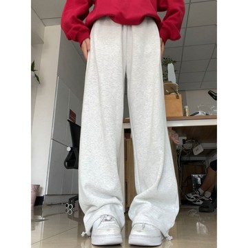 大尺碼白灰運動褲女春秋季薄款2024新款直筒闊腿休閑褲美式寬松顯瘦衛褲