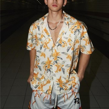 沙灘休閒寬鬆時尚復古男女短袖襯衫男士夏季印花夏威夷港風襯衣