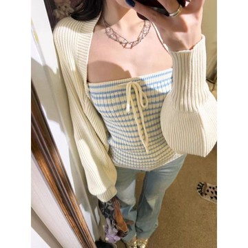 【針織開衫兩件套】女裝 純欲穿搭 早春季 長袖針織開衫 抹胸背心 上衣 兩件套 絕美 好看