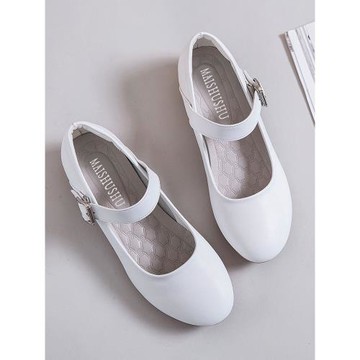 一字扣圓頭白色護士鞋女軟底船鞋平底女鞋牛筋底皮鞋美容院工作鞋