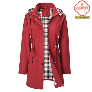 【抽繩收腰】女士風衣 連帽風衣 紅色風衣 格紋風衣 外套女 防水防風 加厚內襯 春秋季通勤 休閒百搭