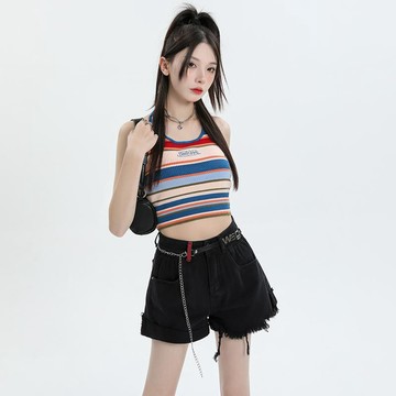 2025新款夏裝女裝無彈牛仔短褲配腰帶