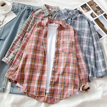 學院風格子襯衫女復古港味設計感小眾鹽系外穿百搭長袖襯衣ins潮