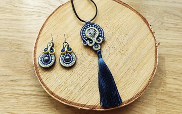 藍色流蘇項鍊與耳環，波希米亞曼陀羅項鍊，Soutache 縐繩飾品套組