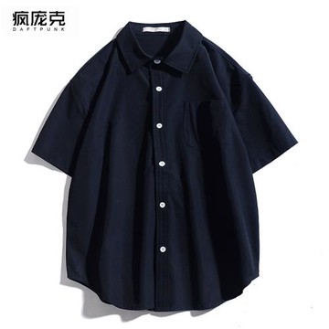 港風ins短袖襯衫男夏季純色日系休閑工裝襯衣潮流寬松男女上衣bf