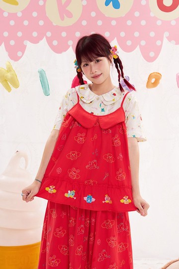 動物天使重工刺繡紅色吊帶上衣 肩帶可調節可愛少女