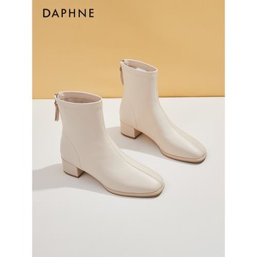 達芙妮白色方頭短靴春季粗跟高跟瘦瘦靴女2026新款保暖法式小踝靴