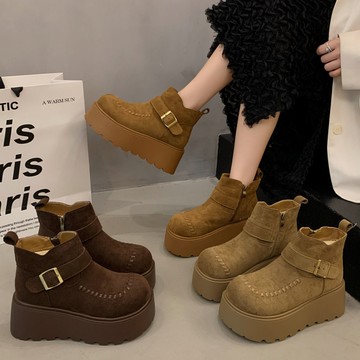 厚底鞋．韓系保暖素面羊羔毛側拉鍊扣環短靴．白鳥麗子