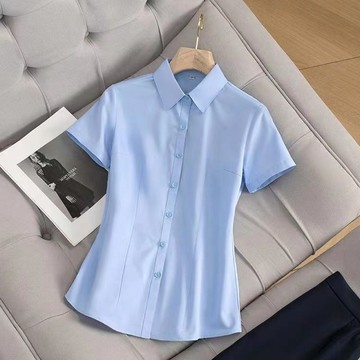 素色工作服 襯衣 工作服 職業裝 襯衫 正裝 高彈力職業女裝夏新款短袖黑色襯衫工作服襯衣 韓係女裝 大尺碼女裝 夏天女裝