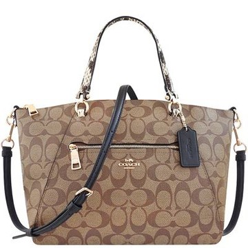 COACH 咖啡黑色大C PVC蟒蛇紋滾邊手提/斜背兩用包