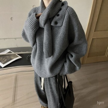 好看韓係感超毛衣女可拆卸設計針織衫秋冬季圍脖百搭上衣新款 冬天衣服 針織衫 套頭上衣 寬鬆毛衣 針織衣 毛衣 長袖女