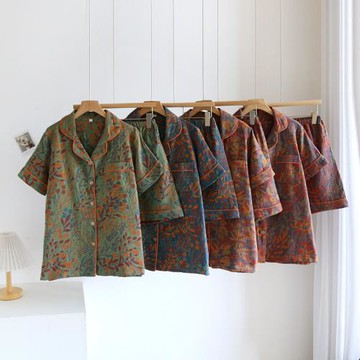 女士短袖短褲新款提花色織碎花純棉翻領開衫夏季家居服套裝
