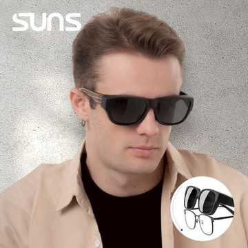 【SUNS】台灣製 經典款偏光太陽眼鏡/套鏡 木紋棕 抗UV400+濾藍光 防眩光/遮陽/眼鏡族首選