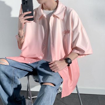 粉紅色漸變短袖襯衫男夏季薄款寬松大碼休閑半袖高街潮流襯衣外套