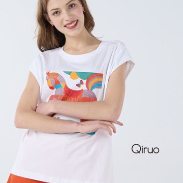 【Qiruo 奇若】春夏專櫃白色上衣7117A 短袖彩虹馬圖案