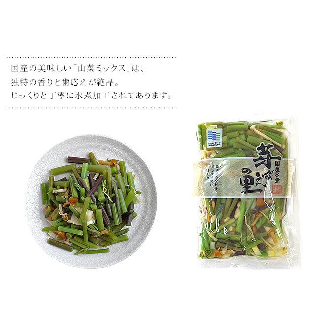 山菜ミックス 80g (みず・わらび・えのき・たけのこ・なめこが入った水煮)(芽ばえの里) 山菜独特の食感と風味がたまらない国産水煮。