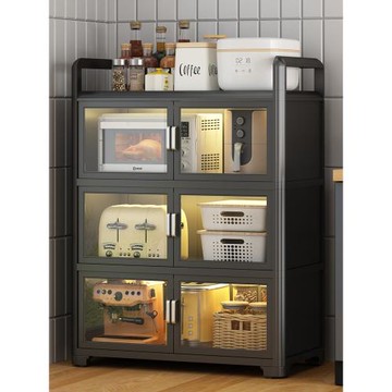 廚房多功能置物架櫥柜帶柜門落地多層靠墻放微波爐碗碟收納儲物架