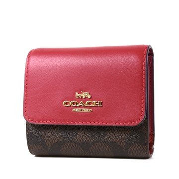 COACH 緹花LOGO防刮皮革三折釦式短夾-咖啡紅